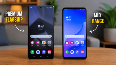 Comparison between a mid-range smartphone and a flagship smartphone showing performance and premium experience differences