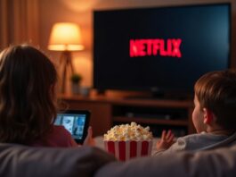 Family watching Netflix on TV in a cozy living room with popcorn